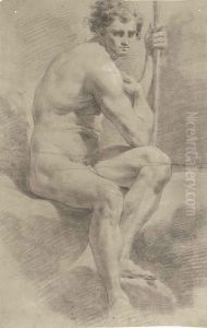 An Academic Male Nude, Seated, Leaning On A Staff
