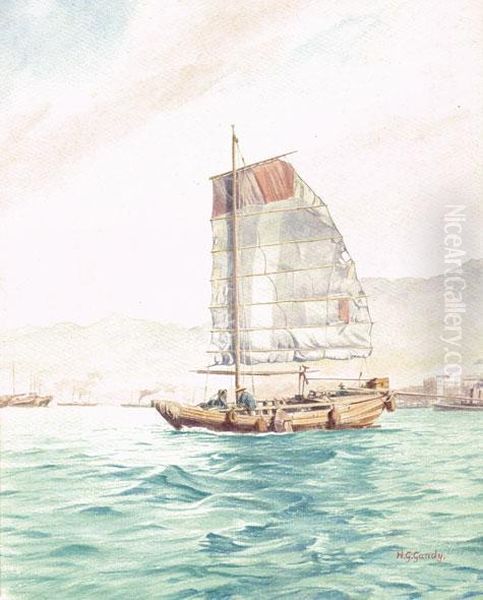 A Junk With Three Crew In Hong Kong Harbour - view 1