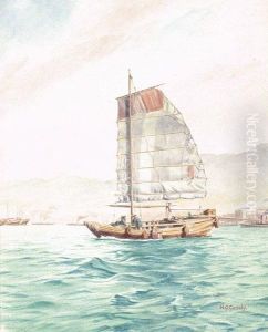A Junk With Three Crew In Hong Kong Harbour