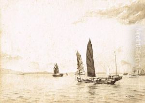 Junks And Steamboat In Hong Kong Harbour by Henry George Gandy