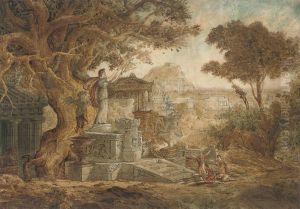 Five Classical Figures Worshipping At An Altar In A Landscape by Joseph Michael Gandy