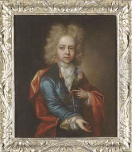 Portrait Of A Young Boy, Half-length, In A Blue Coat With A Redcloak, Holding A Parakeet