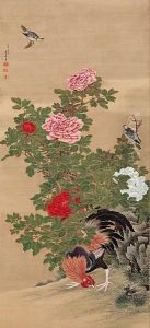 Rooster, Minivets And Peonies by Kishi Koma Ganku