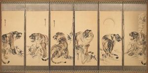 Large Six Panel Screen, Ink And Pale Color On Paper; Comprising Six Images Of Tigers Posed Amid Bamboo Or Under A Full Moon, Mounted Kakejiku-style Against A Silver Leaf Ground by Kishi Koma Ganku