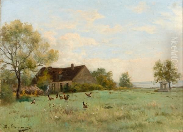 A Rural Scene With A Farmhouse And Roosters In A Yard - view 1