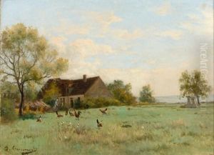 A Rural Scene With A Farmhouse And Roosters In A Yard by Alfred Garcement