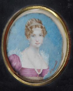 A Miniature Bust Portrait Of A Young Woman Wearing A Fuchsia Lace-trimmed Dress And Pearls