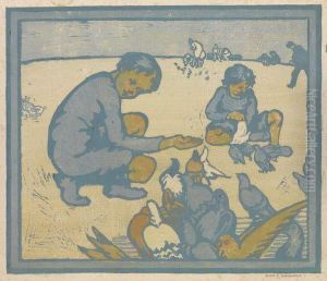 Children Feeding Pigeons by Eliza Draper Gardiner
