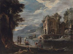 A Coastal Landscape With Ruins, Fishermen Unloading Their Catch