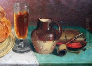 Still Life Of An Ale Glass, Jug And Tobacco Pouch by William Garland