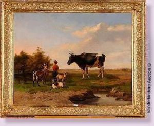 Jeune Fermiere Et Son Troupeau Au Pre by Ch Garnaert