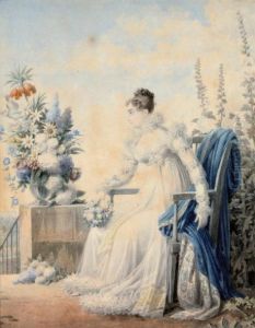 Portrait De Josephine Assise Sur Une Terrasse Fleurie by Auguste Simon Garneray