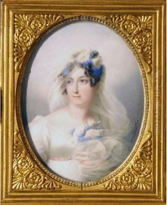 Portrait De Jeune Femme Aux Roses Blanches Et Aux Bleuets.