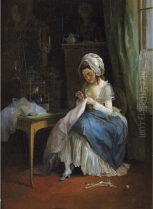 Jeune Fille Brodant Dans Un Interieur by Jean-Francois Garneray