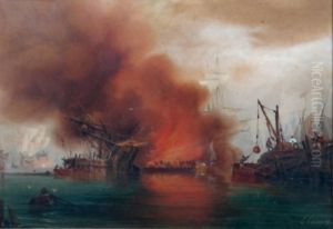 Bateau En Feu Au Port by Ambroise-Louis Garneray
