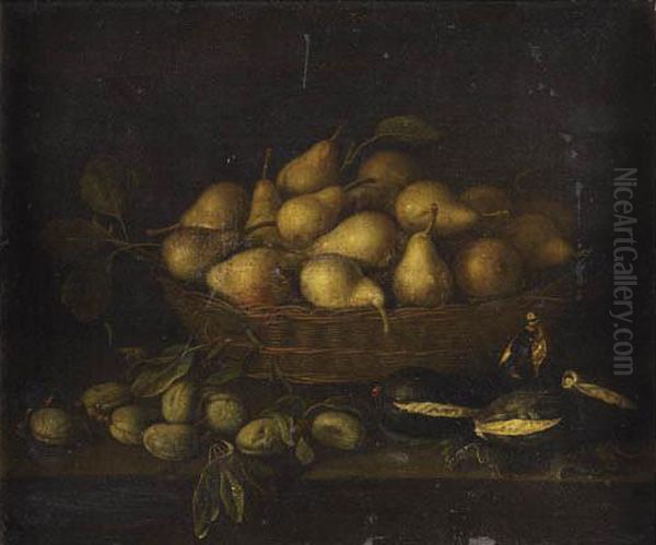 Nature Morte Au Panier De Poires, Amandes Et Figues Sur Un Entablement De Bois - view 1