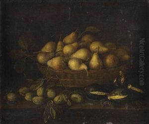 Nature Morte Au Panier De Poires, Amandes Et Figues Sur Un Entablement De Bois