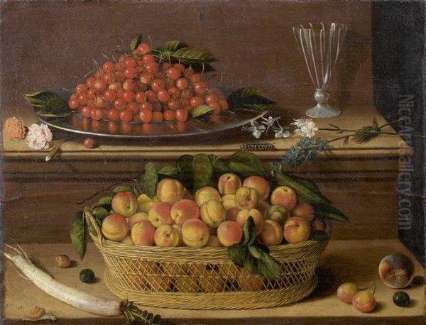 Nature Morte Au Panier D'abricots, Au Plat De Cerises Et Aux Fleurs Disposees Sur Deux Entablements - view 1