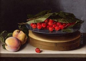 Nature Morte Au Plat De Cerises Sous Des Feuilles De Chataigniers Pose Sur Une Boite De Copeaux Pres De Deux Peches by Francois Garnier