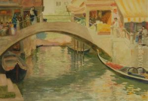 Venetian Canal Scene With Figures Along A Bridge by Edmund Henry Garrett