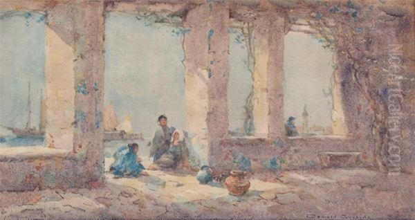 Figures Under A Colonnade In A Harbour - view 1