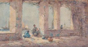 Figures Under A Colonnade In A Harbour