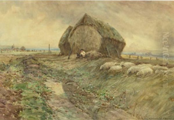 Shepherd And Flock By A Haystack Evening - view 1