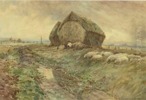 Shepherd And Flock By A Haystack Evening by Oswald Garside