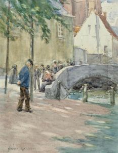 Figures By A Bridge, Brittany by Norman Garstin