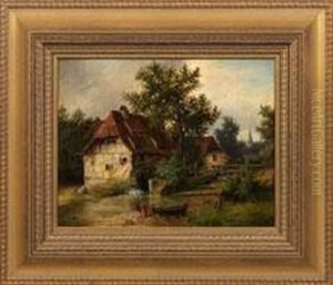 Sommerlandschaft Mit Alter Wassermuhle Im Abendlicht by Eduard Gartner