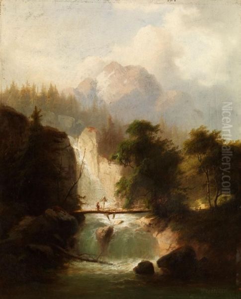 Wasserfall Mit Holzbrucke Imgebirge - view 1