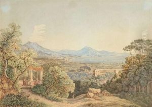 View From A Bank To The Bay Of Naples With The Vesuv by Heinrich Gartner