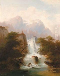 Hochgebirgslandschaft Mit Einem Wasserfall by J. Gartner