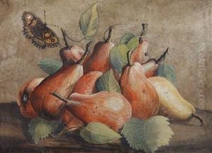 A Still Life With Peaches And Abutterfly