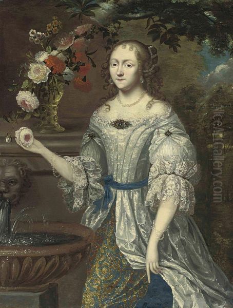 Portrait Of A Lady Traditionally Identified As Madame Ninon DeLenclos (1620-1705), Three-quarter-length, In A Lace-trimmed BlueAnd Gray Dress, With Roses, Narcissi And Other Flowers In A RoemerOn A Ledge, Beside A Classical Fountain - view 1