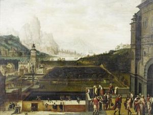 The Grounds Of A Renaissance Palace Withepisodes From The Story Of David And Bathsheba, An Extensivelandscape With Mountains And A Harbour Beyond