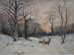 Cerfs En Sous-bois Dans La Neige by Jean-Baptiste-Georges Gassies