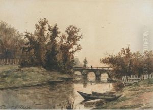 River Scene With Moored Punts And Figure On A Bridge