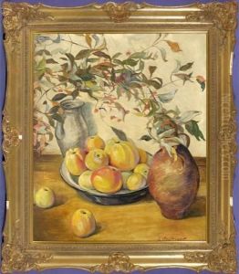 Stilleben Mit Apfeln In Einer Zinnschale, Zwei Tonkrugen Und Blutenzweig by Anna Sophie Gasteiger