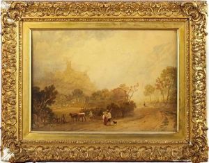 Figures On A Lane With A Hill Top Castle Beyond by Henry G. Gastineau
