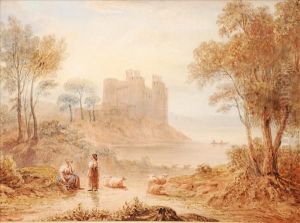 Estuary Scene With Figures And Cattle Near A Castle