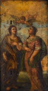 The Virgin And Saint Anne Receiving Floral Crowns From An Angel by Bernardino Gatti, Il Sojaro