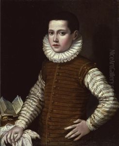 Portrait Of A Young Boy, Half Length, His Hand Resting On A Ledge Beside An Open Book