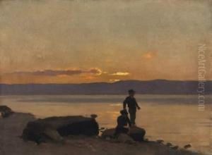 Deux Enfants Au Bord Du Leman Au Coucher Du Soleil by Leon Gaud
