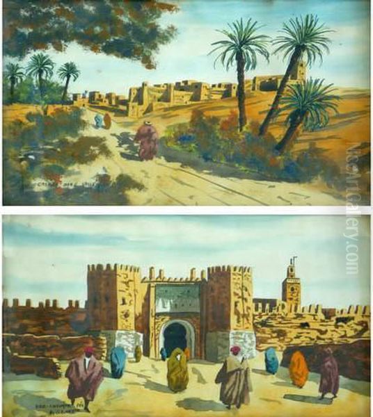 Paire D'aquarelles Orientalistes Animees Representant La Casbah Et Fez - view 1
