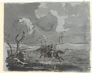 Reitendes Paar In Offener Landschaft by Friedrich Gauermann