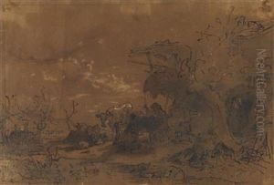 Landschaft An Einem Teich Mit Kuhen by Friedrich Gauermann