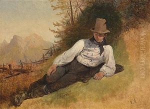 Farming Lad Lying In A Meadow by Friedrich Gauermann