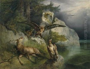Eagles And Dying Stag On The Lakeshore by Friedrich Gauermann