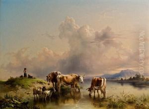 Herde Am Seeufer (lundenburger Gegend?) by Friedrich Gauermann